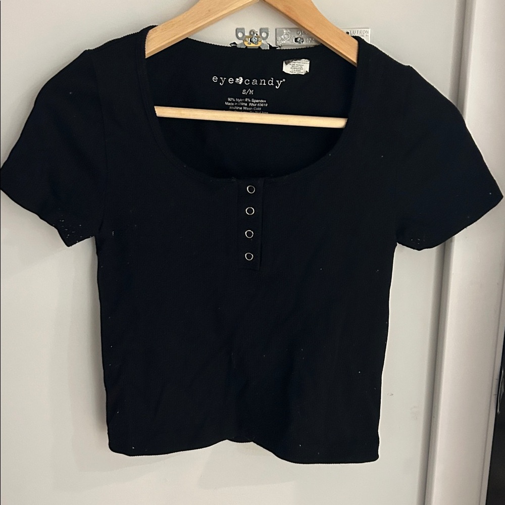 Eye Candy Black Buttoned Scoop Neck Tee